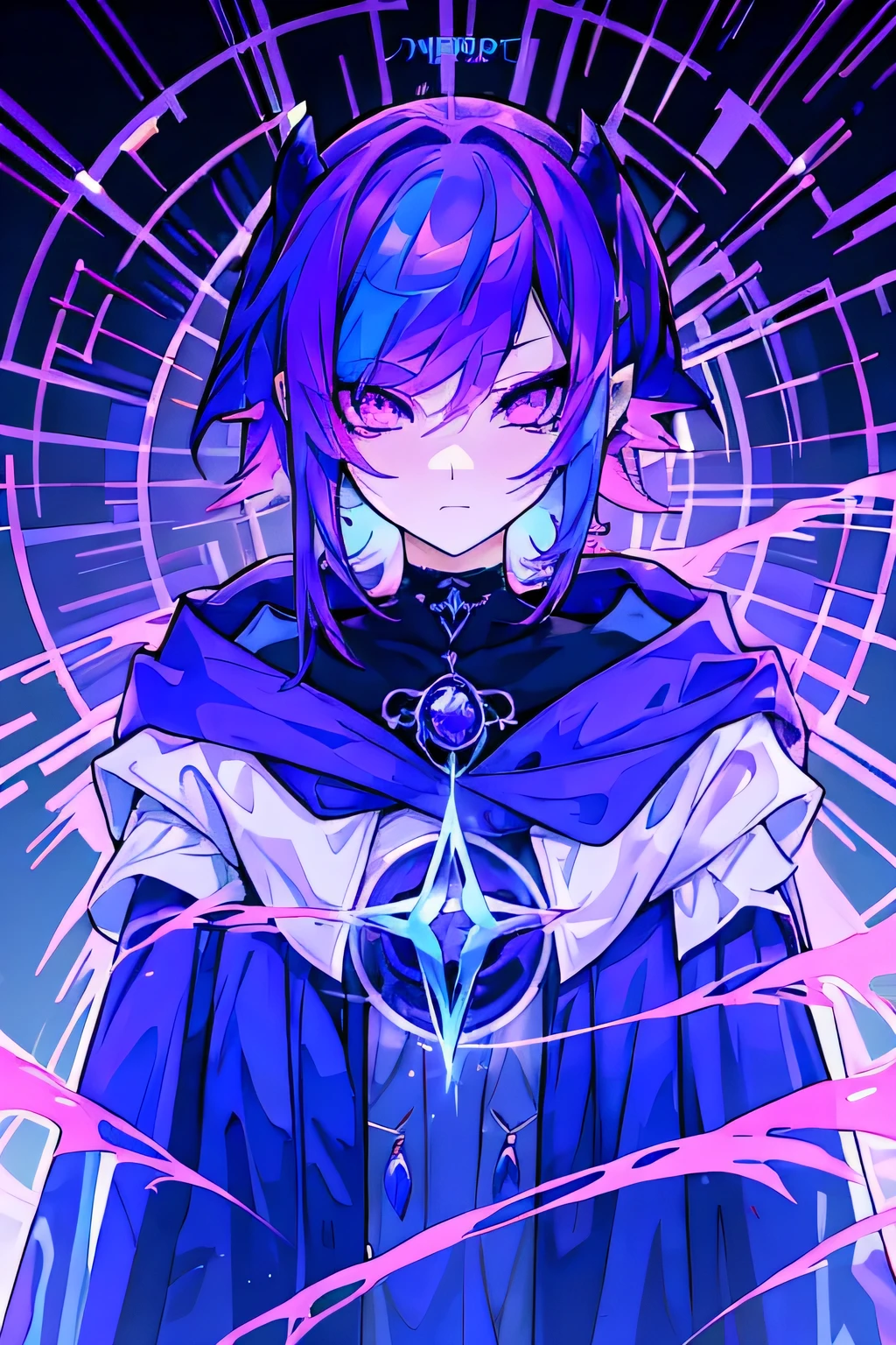  a mysterious figure with purple and blue hair, wrapped in a cloak that transitions between purple colors, pink and blue, each decorated with corresponding dragons. with skill and determination, ready to face challenges beyond the ordinary. His presence radiates an aura of astral power, mystery and a secret purpose that only reveals itself in decisive battles."