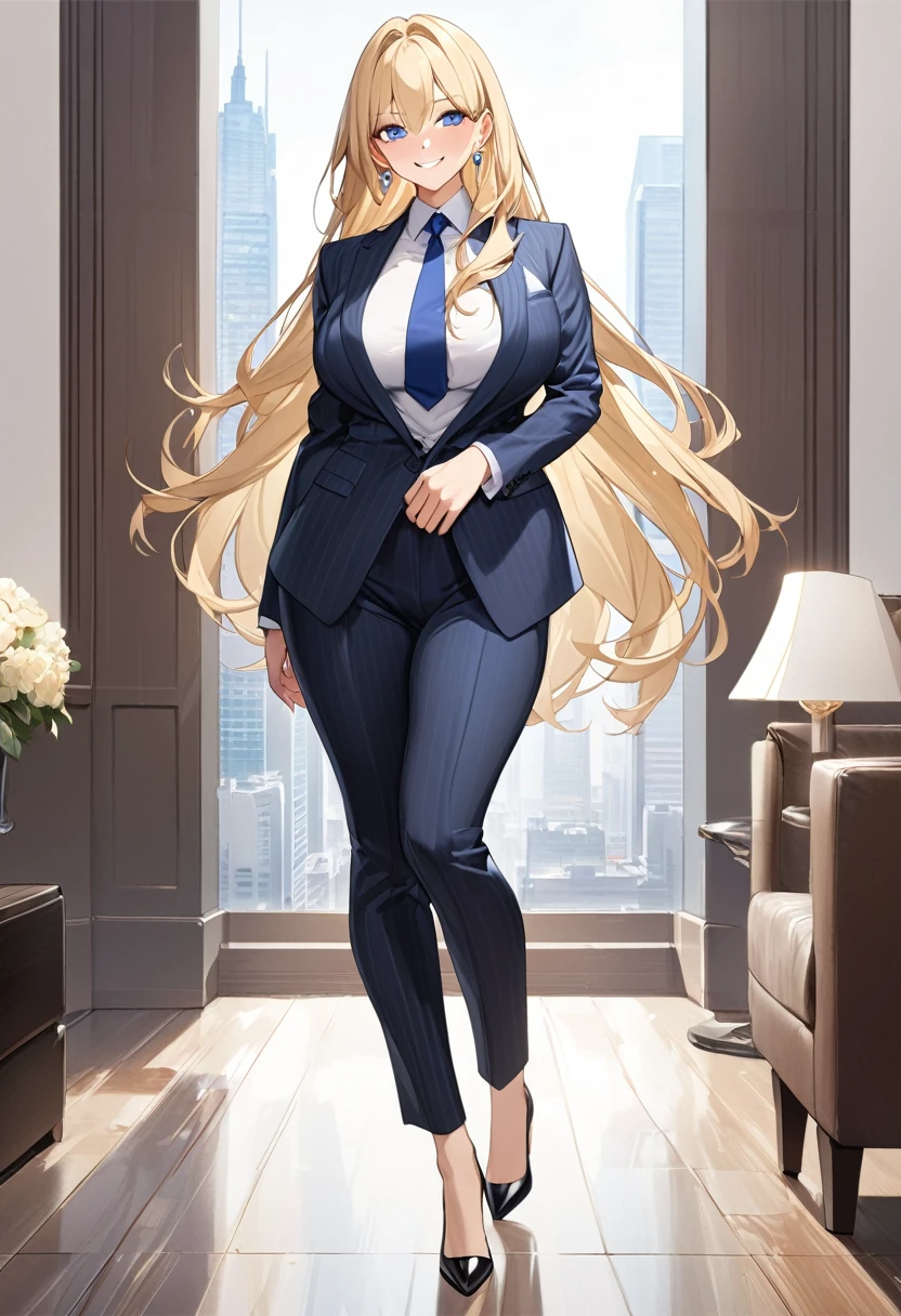 (Highest quality、Very detailed、Ultra-high resolution) 、(1 girl、17 years old、Mature), blue eyes、smile、((Blonde))、Semi-long hair、Beautiful breasts、(suit:1.4), T shirt, High heels, earrings
