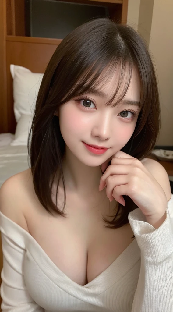 Tabletop, Highest quality, shape, Very detailed, finely, High resolution, 8K壁紙, 完璧なダイナミックな構shape, Beautiful and detailed, Off-the-shoulder dress, Large Breasts, Natural color lip,優しいsmile,20-year-old girl、美しくDetailed face、Perfect and beautiful face,Big eyes、美しくDetailed face、Perfect and beautiful double eyelids、Blur the background、Feminine poses、Slim face and figure、Straight hair、Bedroom、Lie down in bed、 (Get closer to the face, Make your face bigger, Face Focus:1.0), break, (masterpiece, Highest quality, Very detailed, Detailed face, 8K)、Actual Photos（Best image quality）、Shoot from below、look up、K-POPアイドルフェイス、smile