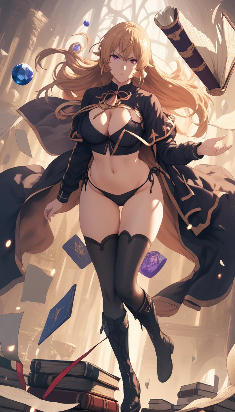 (hews art style:0.7), score_9, score_8_up, score_7_up, score_6_up, uncensored, erina nakiri, blonde hair, long hair, purple eyes, BREAK (masterpiece:1.2), best quality, high resolution, perfect lighting, (detailed eyes:1.3), (perfect hands, perfect anatomy), large breasts, 1girl, solo, breasts, looking at viewer, full body, thighs, boots, groin, book, thigh gap, gem, floating, wide hips, open book, magic, floating object, bare hips, messy room, paper, spotlight, cropped hoodie, black bikini, long sleeves, floating book, hollow eyes, glaring eys,