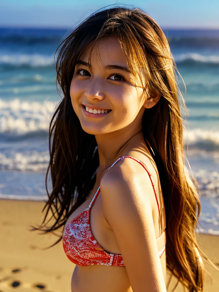 (grainy:0.5), cinematic, girl, (solo:1.3), detailed eyes, detailed face, volumetric lighting, extremely detailed background, smiling, half closed eyes, from side, beach, bikini,