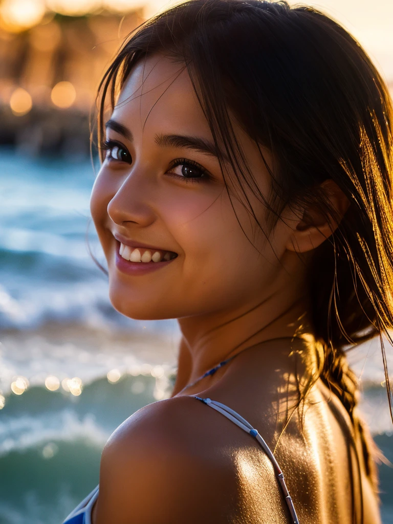(grainy:0.5), cinematic, girl, (solo:1.3), detailed eyes, detailed face, volumetric lighting, extremely detailed background, smiling, half closed eyes, from side, beach, bikini,