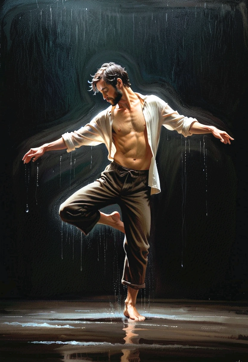 Soul Dancer Mark,A homeless man dancing alone in the rain, souls,Barefoot,Loose and worn clothes,Professional ballet movements,Fingertips 1 butterfly,Very contagious,Splash,Light and Shadow,Minimalism,artistic conception,Clean dark background