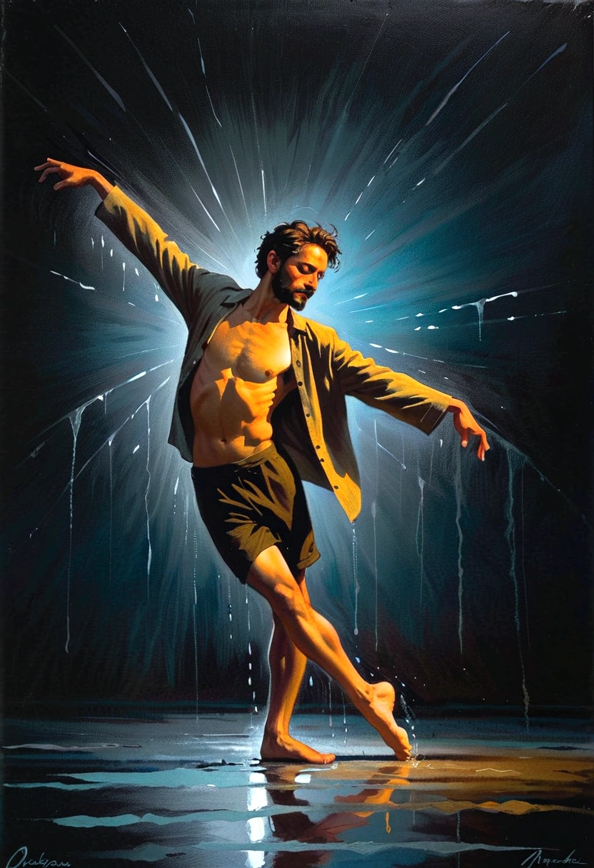 Soul Dancer Mark,A homeless man dancing alone in the rain, souls,Barefoot,Loose and worn clothes,Professional ballet movements,Fingertips 1 erfly,Very contagious,Splash,Light and Shadow,Minimalism,artistic conception,Clean dark background