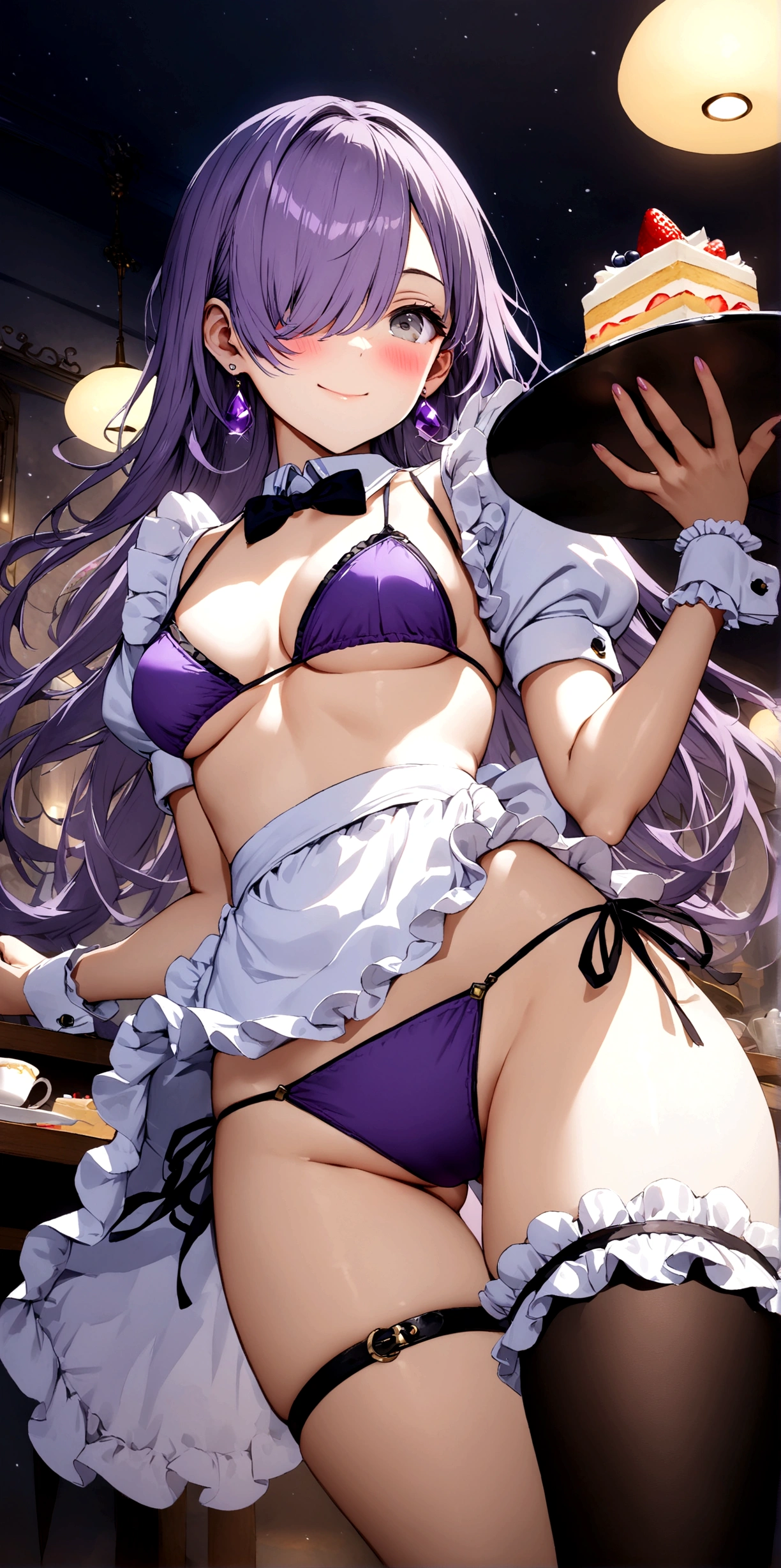 ((32k)), ((best quality)), ((ultra high res)), ((HDR)), ((UHD)), ((extremely detailed CG)), ((unity 32k wallpaper)), (((Virgin girl))), solo, long hair, (), ((Cute )), looking at viewer, blush, smile, bangs, thighhighs, bow, holding, cleavage, jewelry, ((purple )), (), closed mouth, standing, swimsuit, ((purple hair)), short sleeves, , ((cowboy shot)), earrings, frills, food, black thighhighs, indoors, bowtie, hair over one eye, apron, cup, puffy short sleeves, wrist cuffs, grey eyes, thigh strap, detached collar, side-tie  bottom, thigh gap, table, single thighhigh, waist apron, white apron, plate, tray, teacup, cake, frilled apron, pink , bridal garter, holding tray, cake slice, (from below), ((night)), 