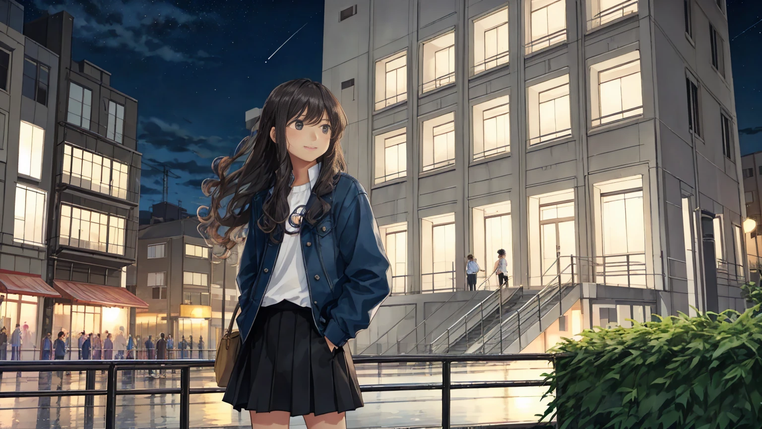 Summer night city background、A young man and a young woman are standing facing each other。The woman is cute and looking up at the night sky at dusk.、In the background of the city、A cool breeze is blowing between the buildings.。She is wearing a shirt and a skirt、Long hair with wavy curls blowing in the wind。He has a short, neat hairstyle、Handsome man with a sweet smile。A young man has his hands in his pockets。