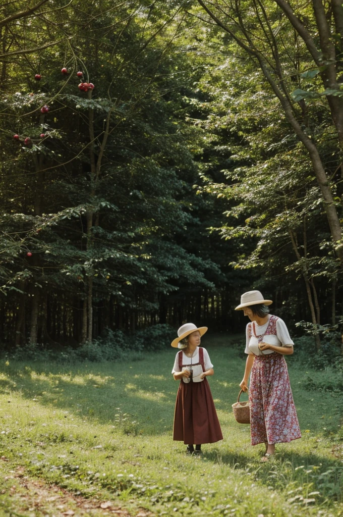 grandmother and daughter picking berries in the forest