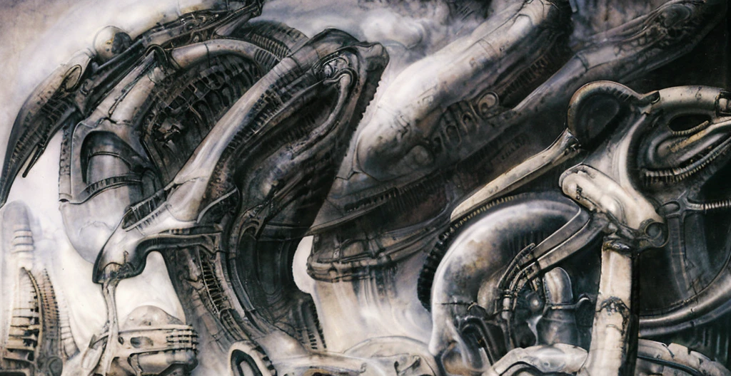 The image is a detailed view of H.R. Giger's biomechanical tableau \" Landscape XVI \" plate, featuring.
(airbrush painting, Giger's alien in front of broken alien ship in landscape, natural light, sharp focus, illustration, highly detailed, digital painting, concept art, matte, art by gric and kozhanov and moebius and Alphonse Mucha, masterpiece, HDR ,UHD , uplight, in HRGigerArhP style);1.
surrealistic painting of a monster with multiple tentacles and a body that looks like a brain, surrounded by a chaotic scene of swirling clouds and other monsters
It's a complex network of bones and organs in eldritch color scheme:a greenish-brown hue ,swirling gery and brown colors. The artwork is silverish and green brown, with an ivory bones prominently displayed. The image is highly detailed and intricate, almost like a 3d version of a medical sketchwork.
The piece is a tableau, most likely created with a India ink pen or pencil on paper, determined by the thin lines, shading techniques, and the texture of the paper, which is visible around the edges.
Used is pen, given the shading and variations in line weight visible in the image. Artist have used a variety of stylus with different degrees of hardness to achieve the shading effects.
The use of undersaturated green-grays dark contrasts creates a stark and graphic look. Is used a variety of linework techniques to create different textures. Fine, parallel lines create a smooth, metallic texture,while thicker, more cursive lines suggest cables or wires.
Light source from the top highlights skeletals, pper part of foreground, lower part of image is in shadowupper part of foreground, lower part of image is in shadow.
The art performance showcases the artist’s skills in observation and rendering. The level of detail in the piece suggests a close study of real bone specimens and mechanics. The artist has skillfully used shading techniques to create a convincing illusion of three-dimensionality on a flat surface. The wrinkles