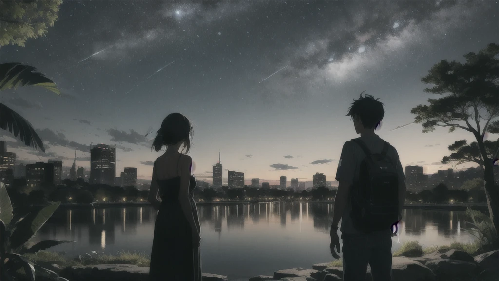 真っ暗なnight空,cafe,Octane, star (null), scenery, Blue parakeet,The acoustic guitar is in front of the body.,star, night, A girl and a boy standing back to back, Back view, alone, Outdoor, city,river,Blue parakeet,building, cloud, 天のriver,silhouette