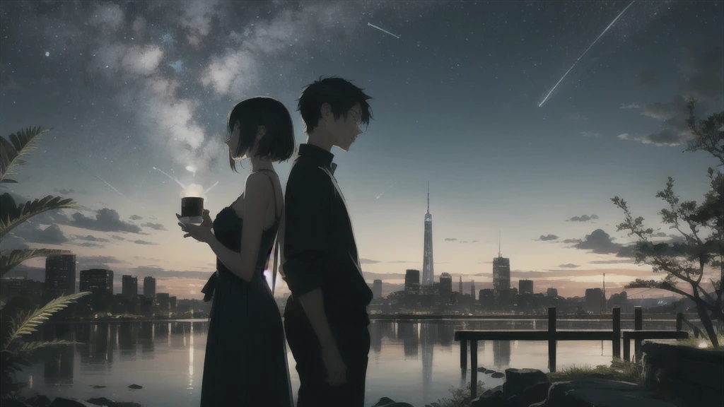 真っ暗なnight空,cafe,Octane, star (null), scenery, Blue parakeet,The acoustic guitar is in front of the body.,star, night, A girl and a boy standing back to back, Back view, alone, Outdoor, city,river,Blue parakeet,building, cloud, 天のriver,silhouette