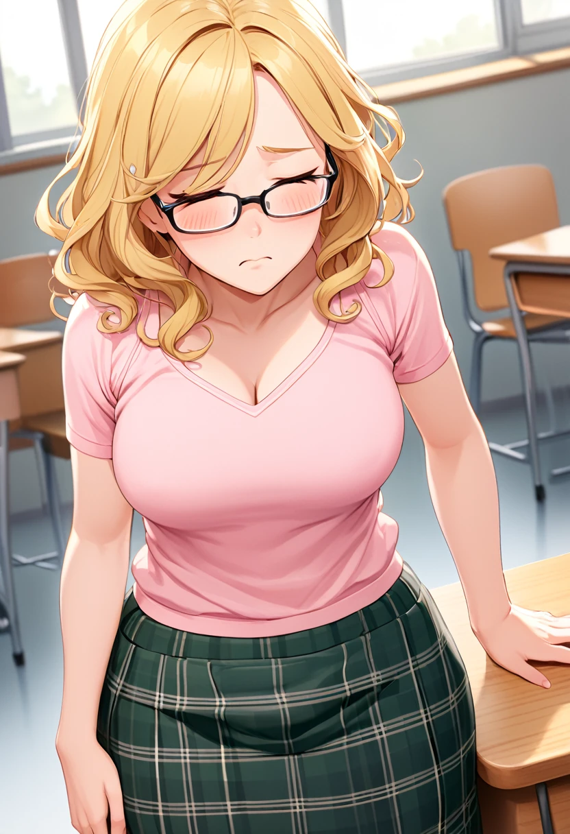 detailed illustration ,dynamic angle, ultra-detailed, detailed eyes, detailed face, 1girl, shy, long blonde hair, wavy hair, glasses, blushing, horny, holding skirt down, black plaid skirt, green blouse, pink vest, cleavage, braless, blushing, flushed, red cheeks, closed eyes, embarrassed, standing, desk, school, classroom, shy, bulge under skirt, no bra, cold, fpo_up