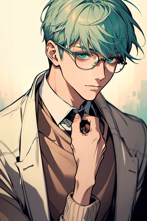 ((Masterpiece, Highest Quality)), Detailed Face, male, white sweater, turquoise eyes, (((Top Quality))), Short hair, Shaved whiskey,Spits, white colored hair, Stylish glasses