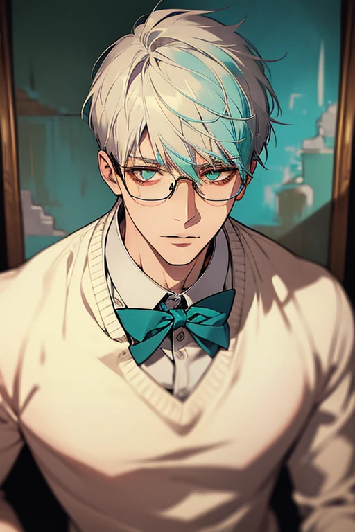 ((Masterpiece, Highest Quality)), Detailed Face, male, white sweater, turquoise eyes, (((Top Quality))), Short hair, Shaved whiskey,Spits, white colored hair, Stylish glasses