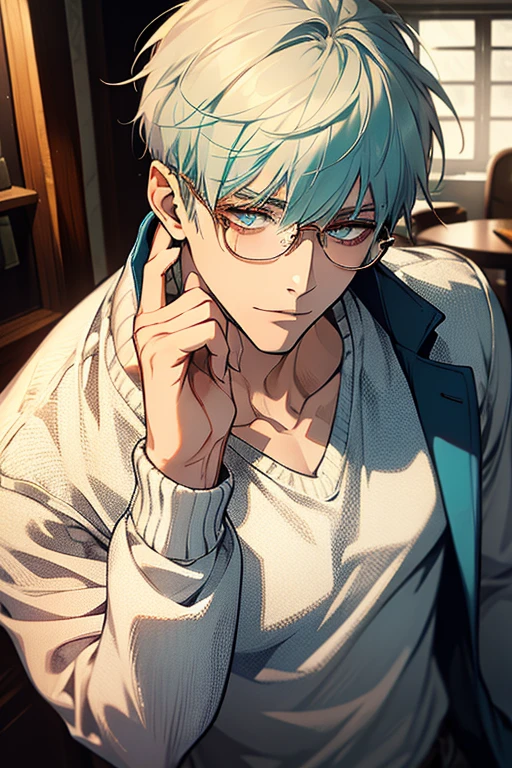 ((Masterpiece, Highest Quality)), Detailed Face, male, white sweater, turquoise eyes, (((Top Quality))), Short hair, Shaved whiskey,Spits, white colored hair, Stylish glasses