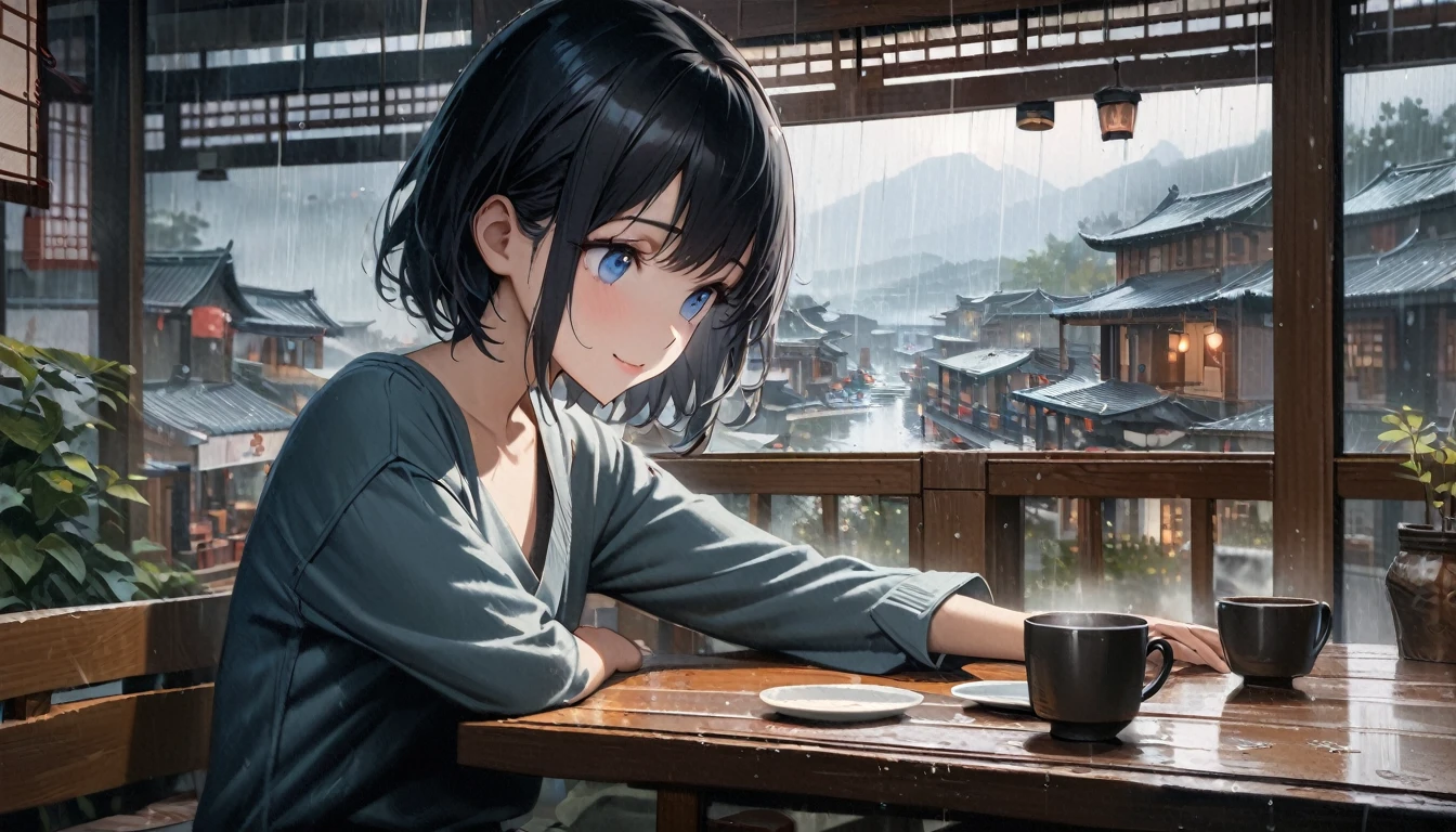 1girl, solo, blue eyes, (detailed eyes), flat chest, short hair, black hair, upper body, gentle smile on her face, sitting up straight((masterpiece, illustration, best quality)), there is a table with a cup of coffee on it, dreamy chinese town, rainy afternoon, rainy day outside, rainy scene, inside on a rainy day, quiet and serene atmosphere, rainy outside, beautiful oil matte painting, raining outside the cafe, hyperrealistic matte painting, 4 k oil painting, raining outside, cozy and peaceful atmosphere, atmospheric fantasy setting, japanese style