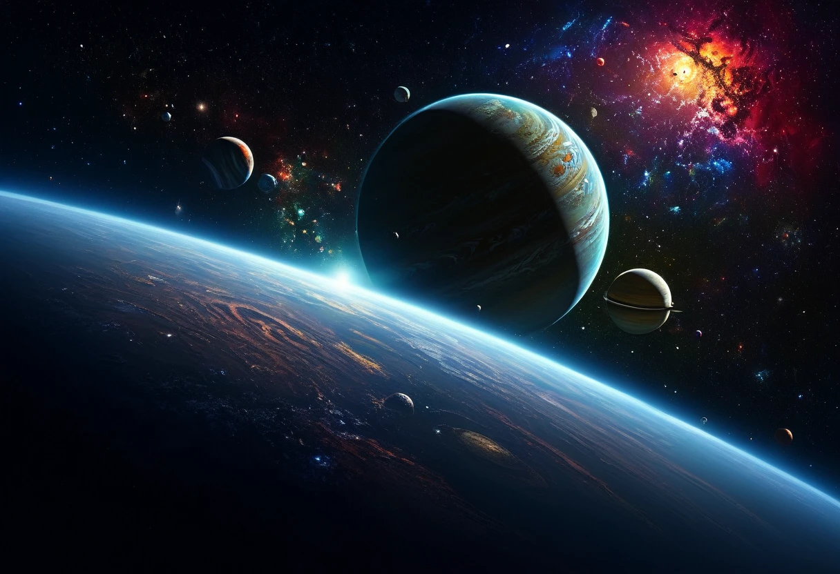 a picture of a picture of a group of planet in the sky, Digital art by Alexander Kucharski, tumbler, Space Art, planet, planet in the background, Cosmic and colorful, planet and galaxies, large planet in the background, planet orbit, planet in the skies, planet behind, planet and stars, planet in orbit, The colors of the universe, planet align