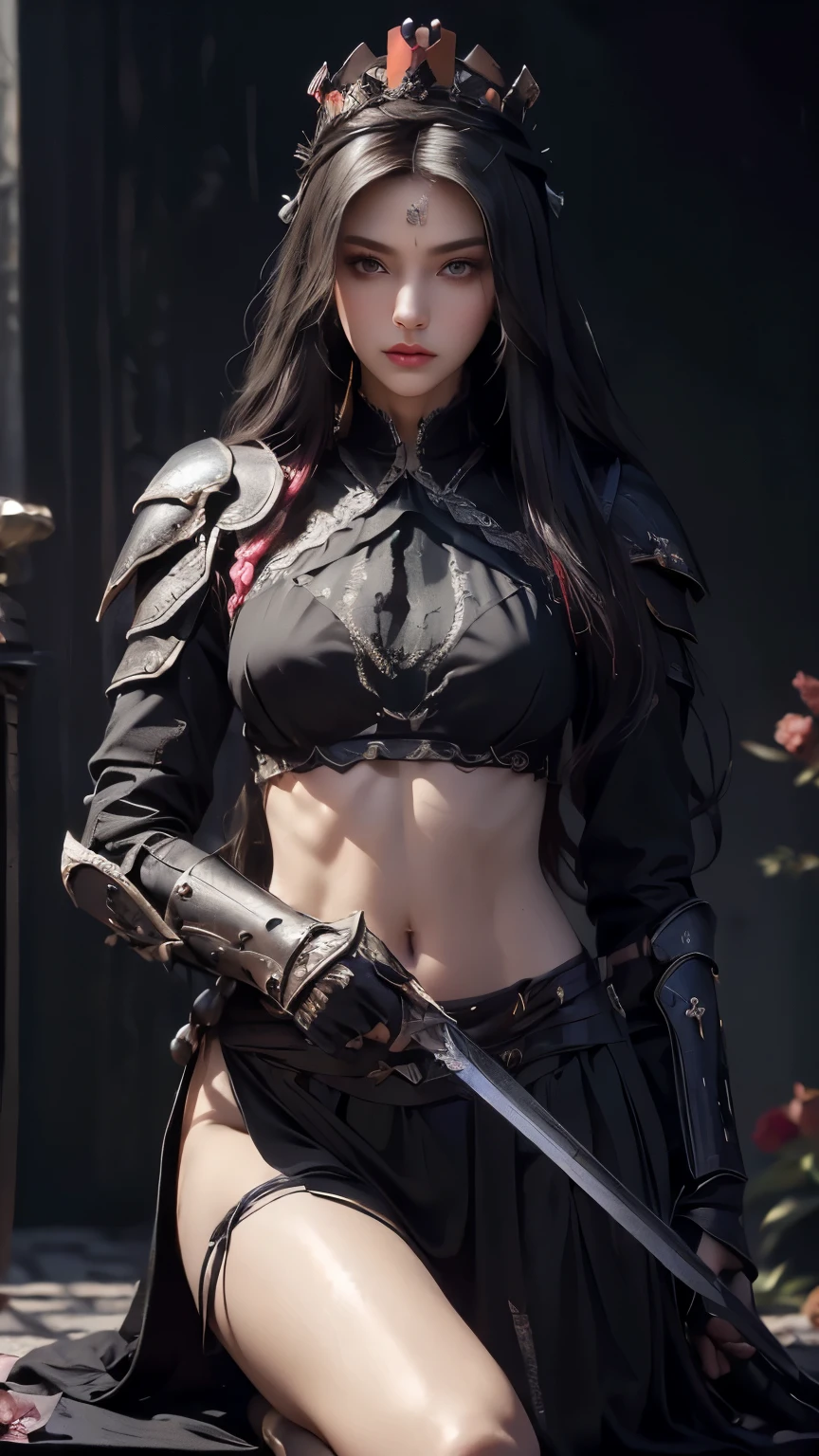 model shoot,1 girl, (innocent face:1.4), long hair, (assassin armor:1.5), black clothes, race:1.5, bare waist, ( beautiful crown:1.5), (The Bloom Effect:1.5), surreal, very detailed, dynamic shot, masterpiece, Sharp details in the scene, perfect eyes, perfect skin, (assassin sword:1.5), (Perfect slim body:1.5), seat,