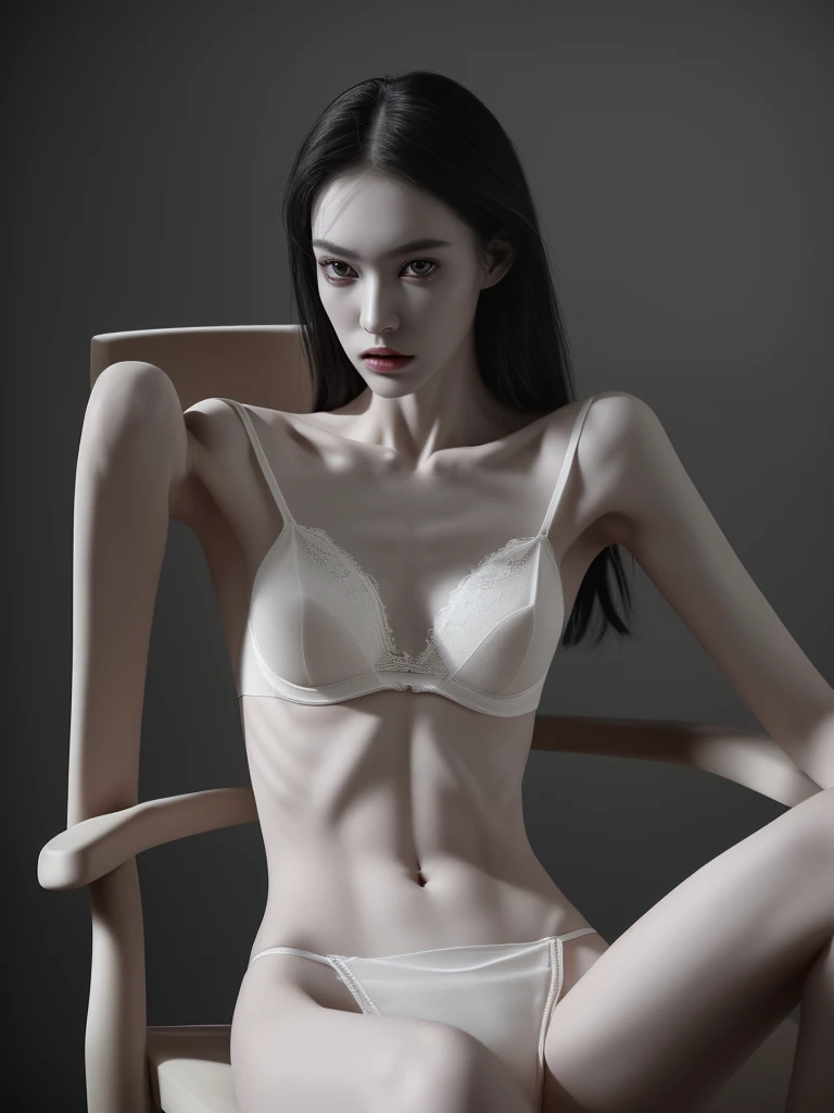 a woman with an extremely thin, emaciated body, visible bones, very slender figure, pale white skin, wearing only and a bra, full body tattoo, full body shot, having a mental breakdown, sitting on chair (best quality,4k,8k,highres,masterpiece:1.2),ultra-detailed,(realistic,photorealistic,photo-realistic:1.37),extremely detailed eyes and face,longeyelashes,dramatic lighting,high contrast,cinematic
