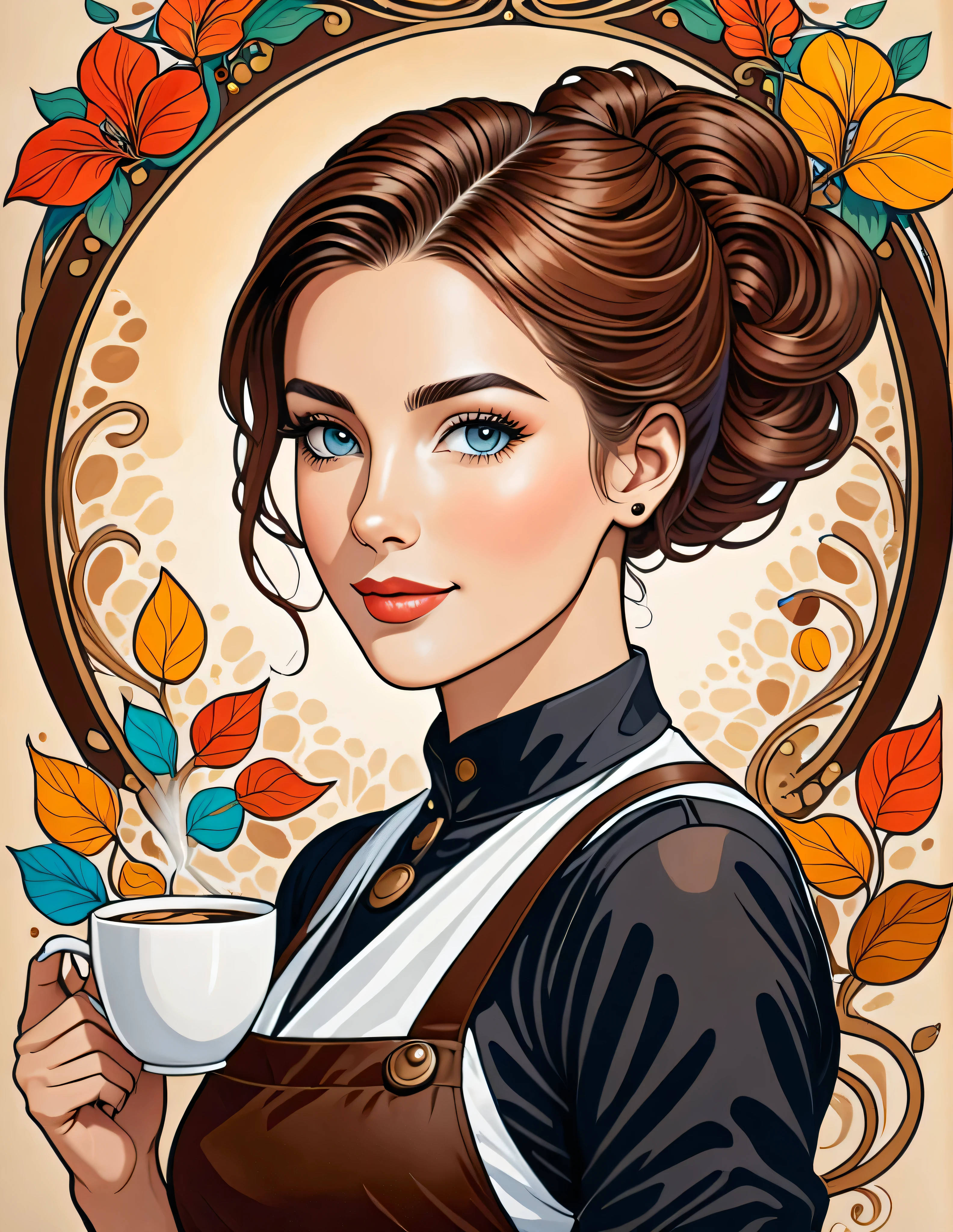 Art Nouveau portrait of an elegant, beautiful barista with coffee beans, more colorful