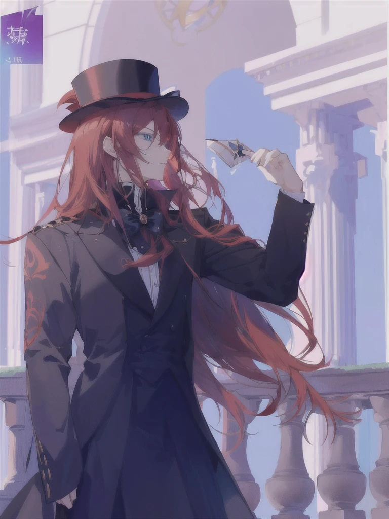 anime girl with long red hair wearing a hat and black coat, delicate androgynous prince, beautiful androgynous prince, zerochan art, made with anime painter studio, inspired by Yamagata Hiro, tall anime guy with blue eyes, handsome anime pose, he is wearing a top hat, zerochan, tipping his fedora, unknown artstyle