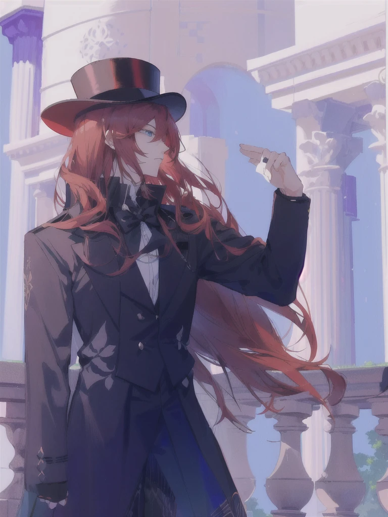 anime girl with long red hair wearing a hat and black coat, delicate androgynous prince, beautiful androgynous prince, zerochan art, made with anime painter studio, inspired by Yamagata Hiro, tall anime guy with blue eyes, handsome anime pose, he is wearing a top hat, zerochan, tipping his fedora, unknown artstyle