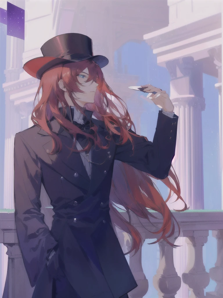 anime girl with long red hair wearing a hat and black coat, delicate androgynous prince, beautiful androgynous prince, zerochan art, made with anime painter studio, inspired by Yamagata Hiro, tall anime guy with blue eyes, handsome anime pose, he is wearing a top hat, zerochan, tipping his fedora, unknown artstyle