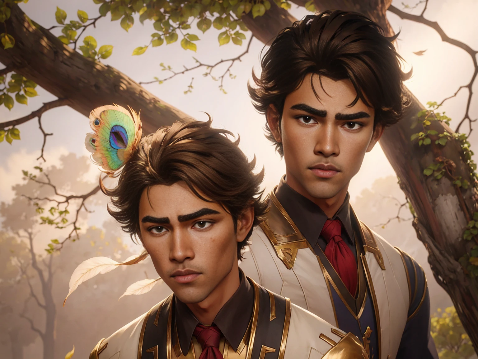 male character with light skin and light brown hair with his highly detailed face he is positioned near a beautiful tree with leaves flying in the wind, in a beautiful eclipse , Around the boy there are several peacock feathers tered in the wind