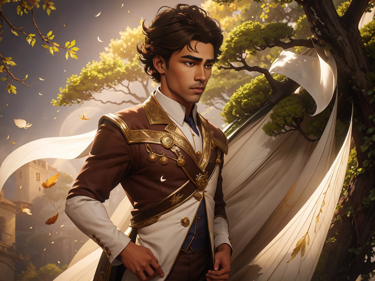 male character with light skin and light brown hair with his highly detailed face he is positioned near a beautiful tree with leaves flying in the wind, in a beautiful eclipse , Around the boy there are several peacock feathers scattered in the wind