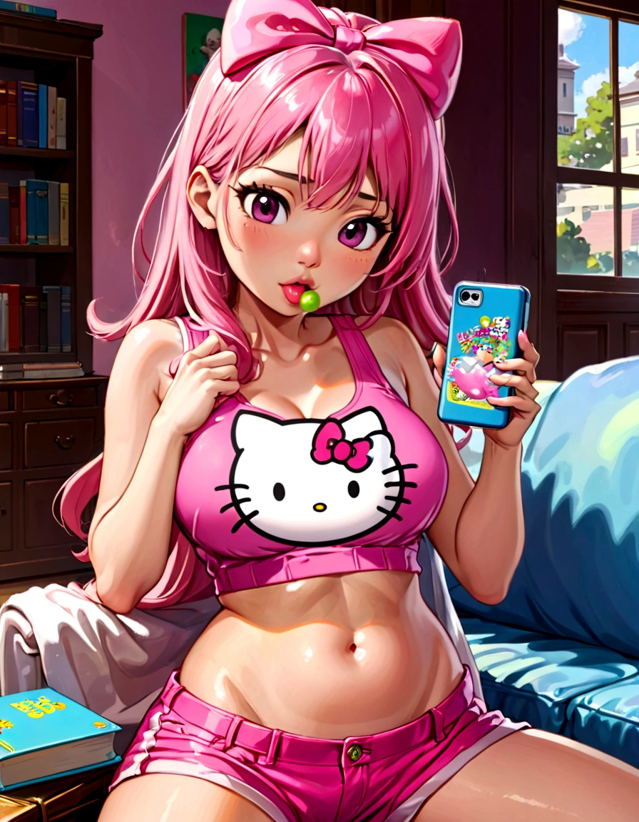 A cute woman (Kelly Hu (age 25), pink micro shorts (belly button exposed, labia well defined), micro pink 'Hello Kitty' tank top (under boob), pink bows in hair) has come over to babysit, book bag, cell phone, living room, bored look chewing bubble gum
