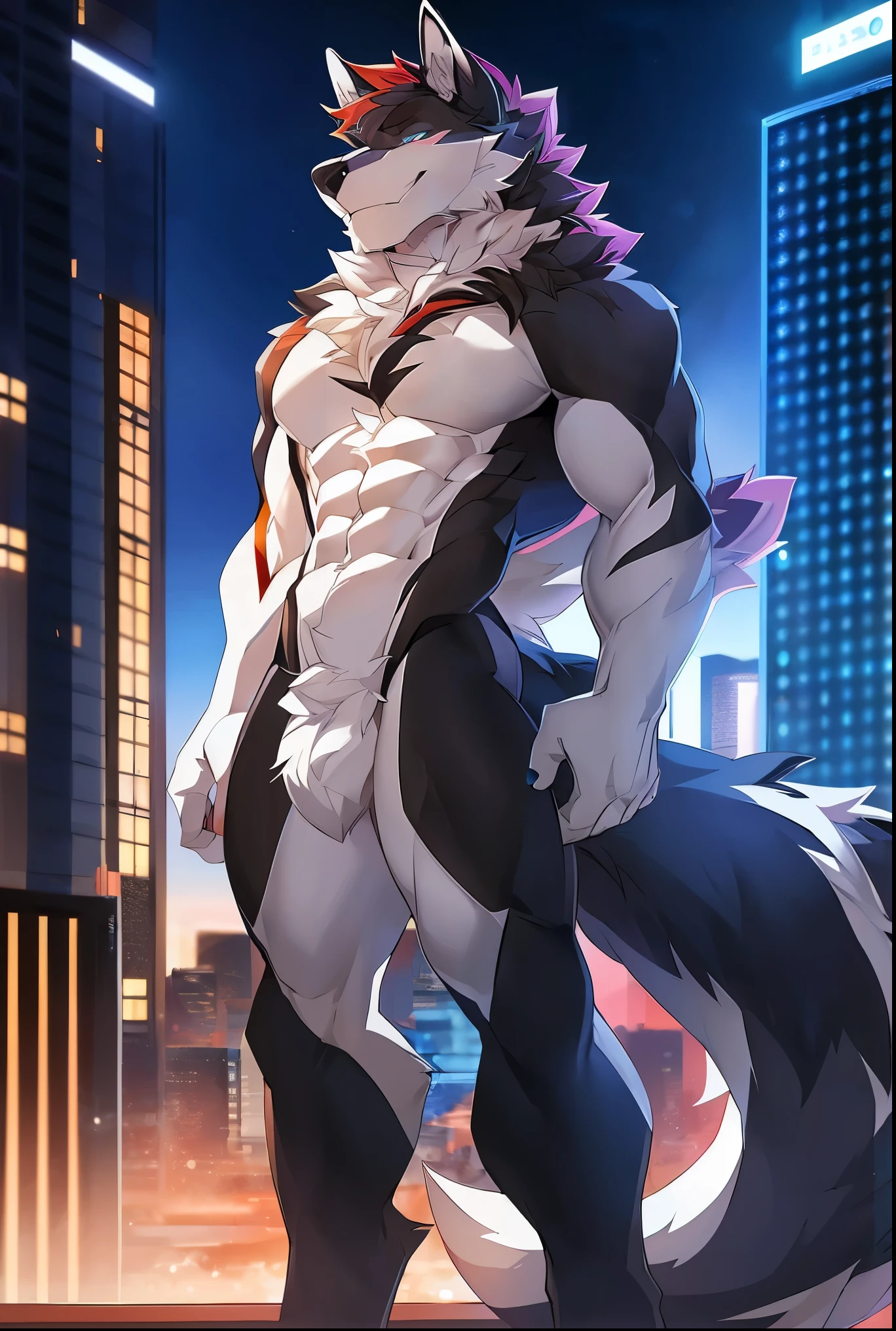 ((Solo)), male people, anthro wolf, (Multi-colored fur, White tail pointed), (Height 3meters,Tail length 2meters), Abs, pinginuscular, A long big tail, by patto, modern city