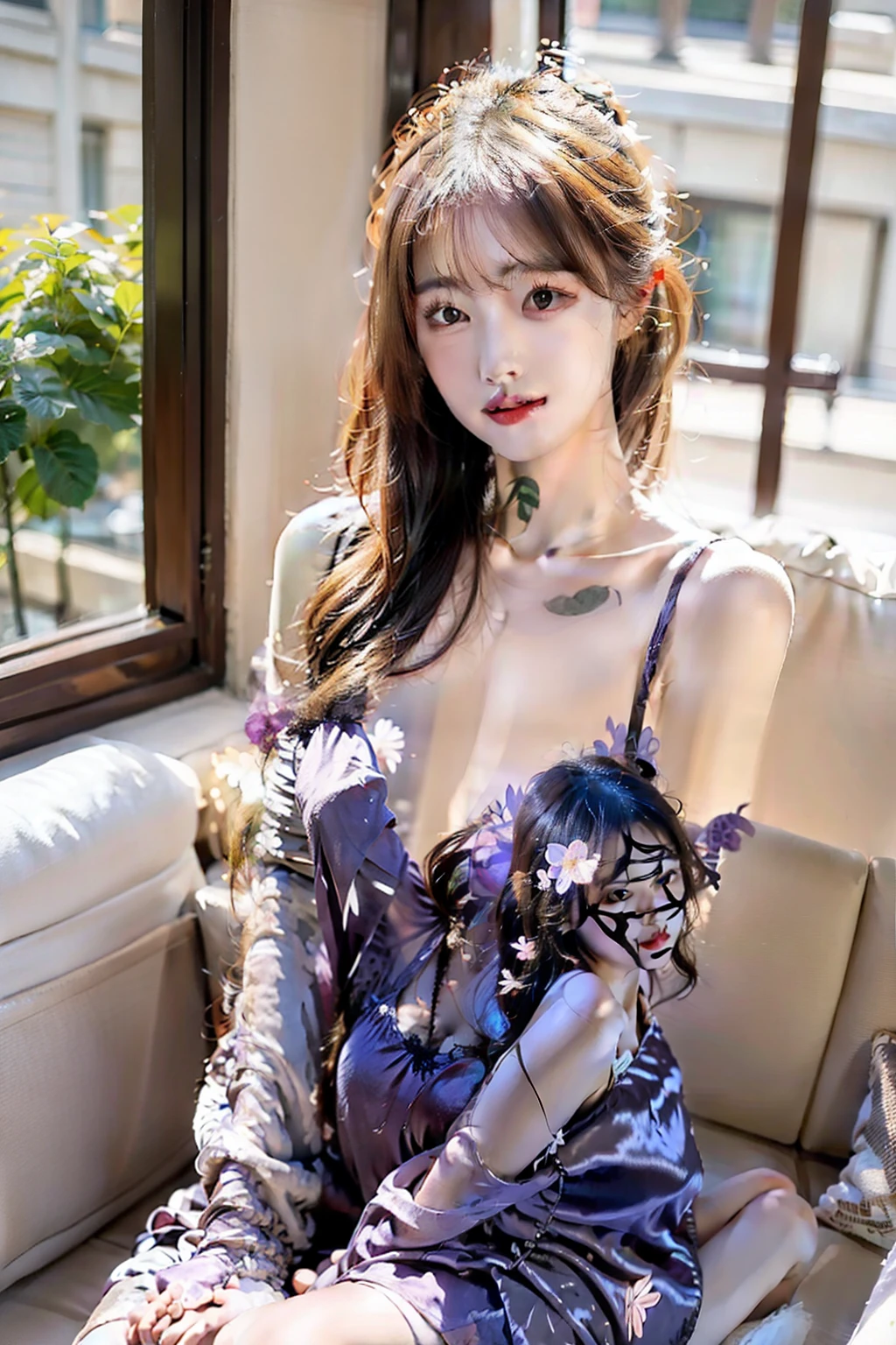 A girl sits on the sofa in front of the French window at night,Purple Sexy Silk Pajamas,blonde,See the beautiful face clearly,Full breasts,straight