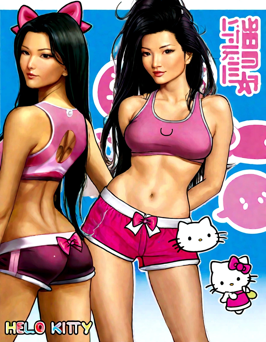 A cute woman (Kelly Hu (age 25), pink micro shorts (belly button exposed, labia well defined), micro pink 'Hello Kitty' tank top (under boob), pink bows in hair) has come over to babysit, book bag, cell phone, living room, bored look chewing bubble gum
