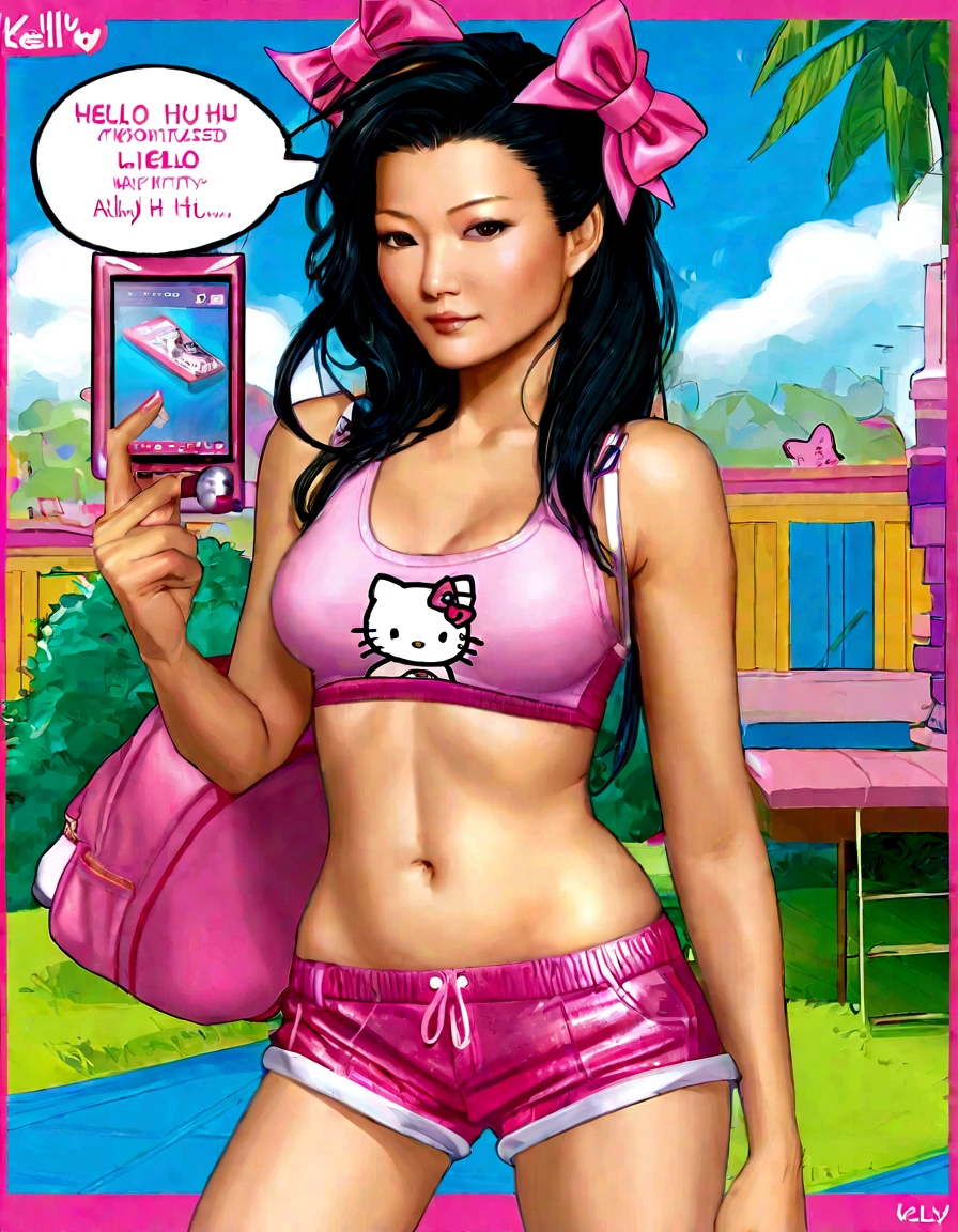 A cute woman (Kelly Hu (age 25), pink micro shorts (belly button exposed, labia well defined), micro pink 'Hello Kitty' tank top (under boob), pink bows in hair) has come over to babysit, book bag, cell phone, living room, bored look chewing bubble gum
