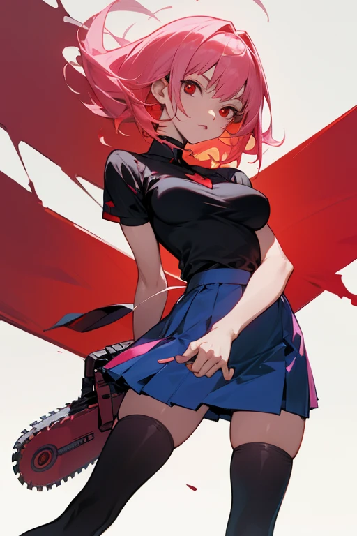 solo, Makima girl anime character Chainsaw Man (medium breasts) (masterpiece, best quality: 1.2), alternative costume, pink hair, blond hair, red eyes, black shoes, stockings, (red eyes: 1.3), ,black shirt, blue skirt