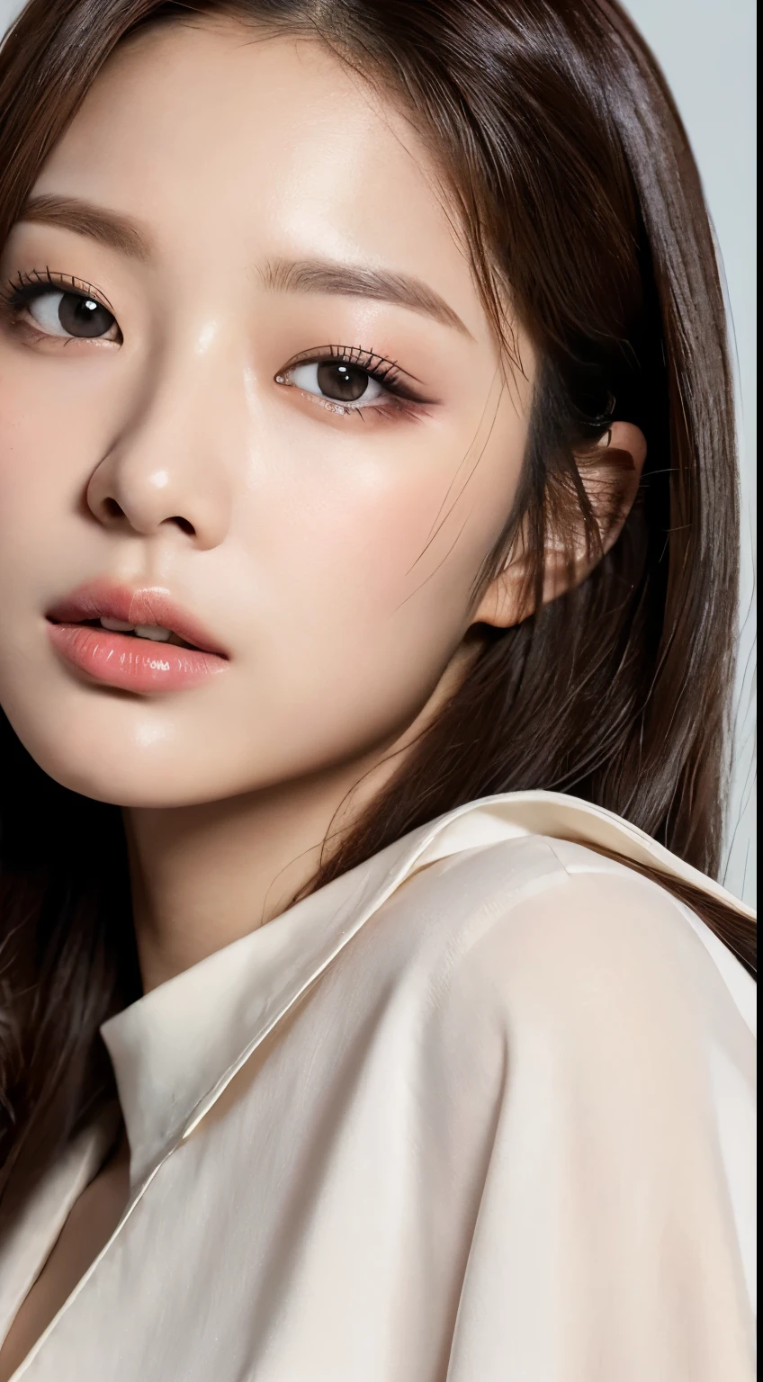 ((top-quality、8K、masterpiece:1.3))、Crisp focus:1.2、Beautiful Women in Perfect Style:1.4、Facing to the side:1.2、((Dark brown hair、huge tit:1.2))、(White button-up long shirt:1.1)、Marble background:1.2、stright long hair、Highly detailed facial and skin texture、A detailed eye、double eyelid