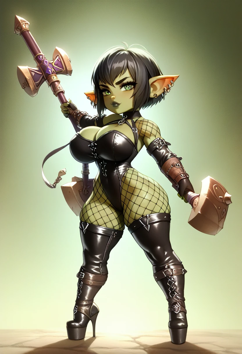 Girl, goblin girl, goblin, green skin, short, short stature,short hair, black hair, large breasts, miniskirt, latex, long gloves, thigh boots, goth, pouty lips, masterpiece, best quality, sexy, dynamic pose, 8k, shortstack, sfw, shiny, fantasy, dungeons and dragons, high heels,  fishnets, holding, dark green skin, adventurer, barbarian, large hammer  