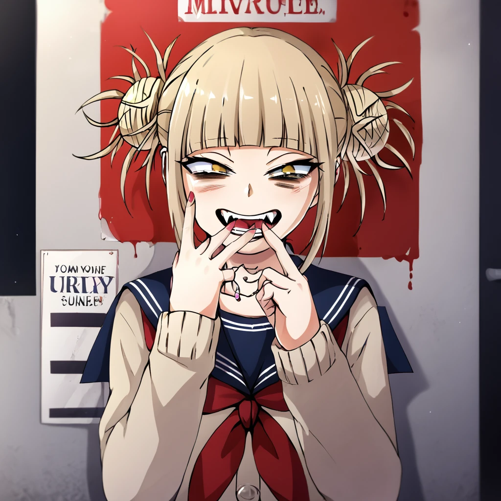 Himiko toga with a sign that said "Jeired Bustamante you are the love of my life" written in blood by his own fingers