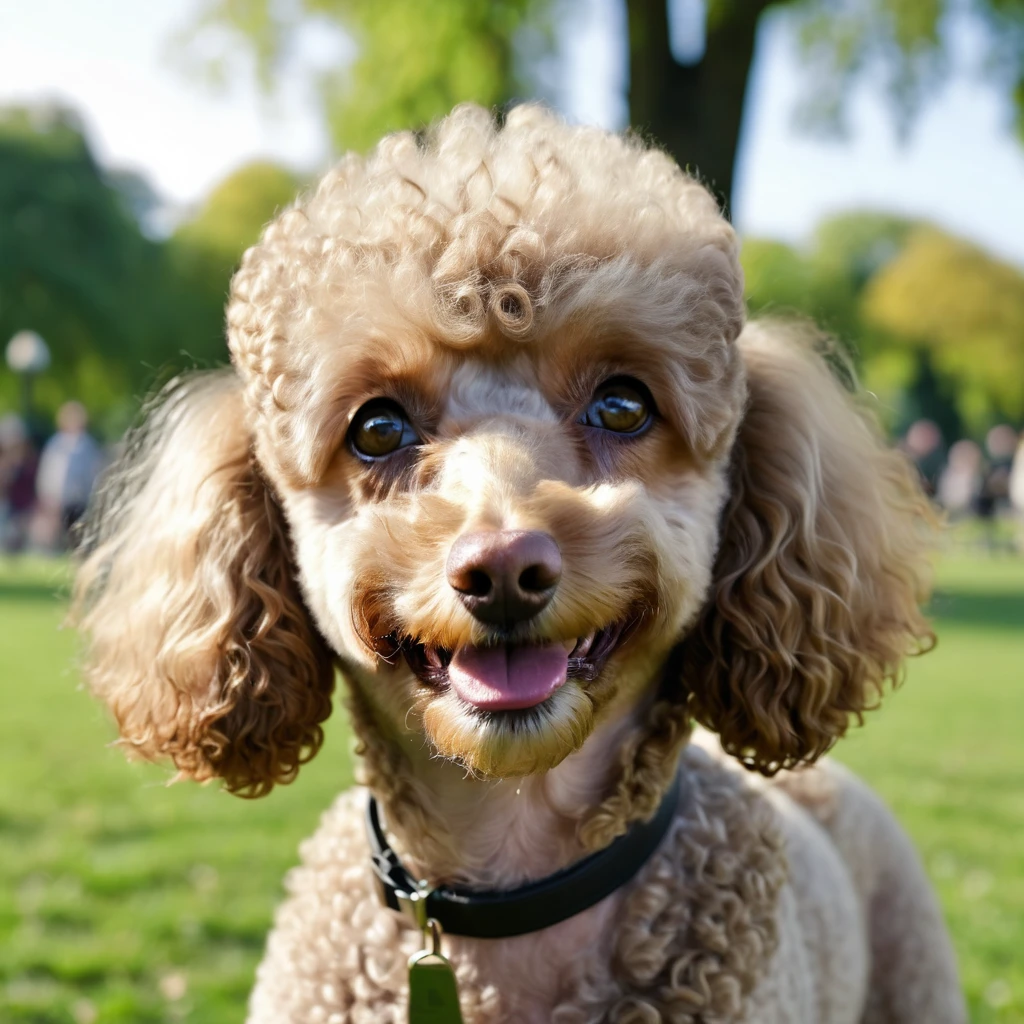 masterpiece, ultra realistic, UHD, 4k, a picture of a furry poodle face, in a park. sharp focus, blurred background