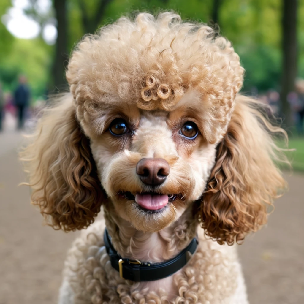 masterpiece, ultra realistic, UHD, 4k, a picture of a furry poodle face, in a park. sharp focus, blurred background