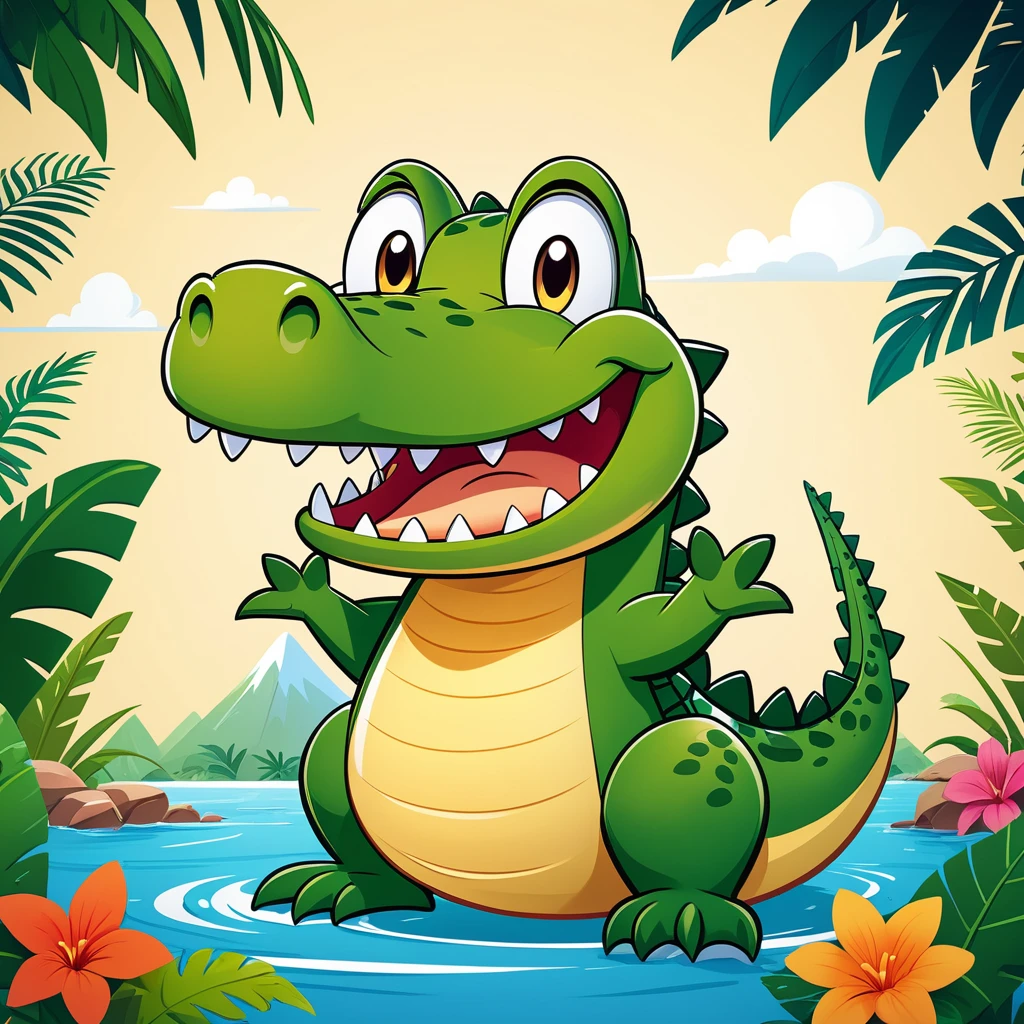 Create a 4K wallpaper with a cartoon crocodile depicting a happy expression, surrounded by relevant elements and set against a suitable background.