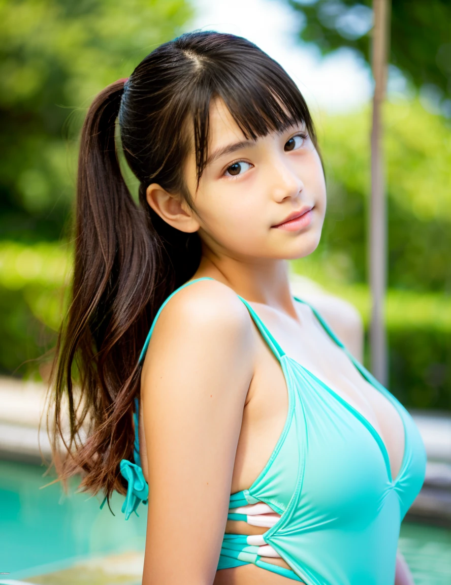 Japanese、Swimwear、tanned beautiful girl、、Lean Your Body、Large Breasts、Seaside hotel、Please open your mouth a little、nsfw, (masterpiece, 8K, photorealistic, RAW photo, best quality, sharp: 1), (1girl), highly detailed face, beautiful face, (realistic face), beautiful hairstyle, realistic eyes, beautiful detailed eyes, (realistic skin), beautiful skin, ultra high res, ultra realistic, highly detailed, (pureerosface_v1:0.2), beautiful oriental girl, (age 10, pretty girl:1.3), (loli:1.1)higse, slim body, slender girl, detailed middle bust, slim thighs, slim legs, small hip