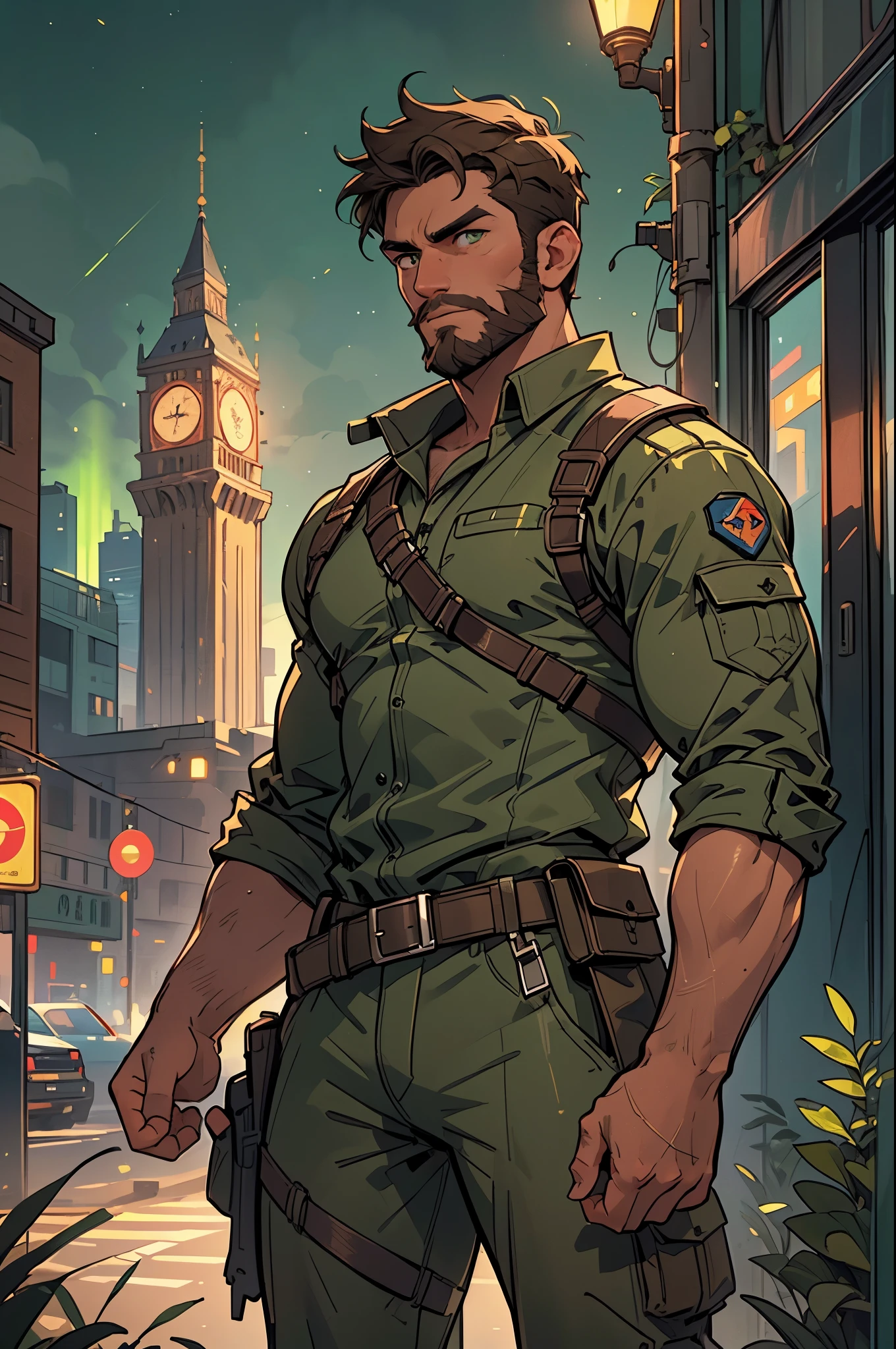 (masterpiece, best quality, detailed face, super detailed, advanced details, highest quality, high resolution, 8K) A cinematographic scene of a serious short brown hair mature man with beard, green eyes, with soldier clothes, Neon lights and buildings background.