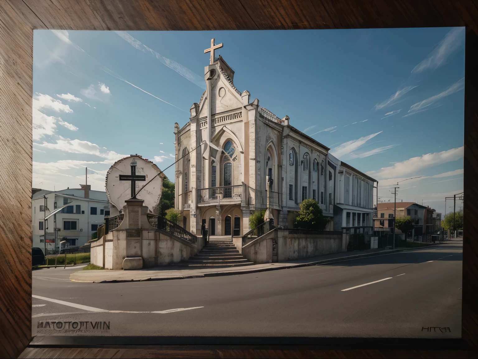 raw photo, best quality, ultra realistic, masterpiece, best quality skin, photography hd, dslr, tcs, httlvn, modern church, road, people, house, facade design, outdoors, church, steel handrail,