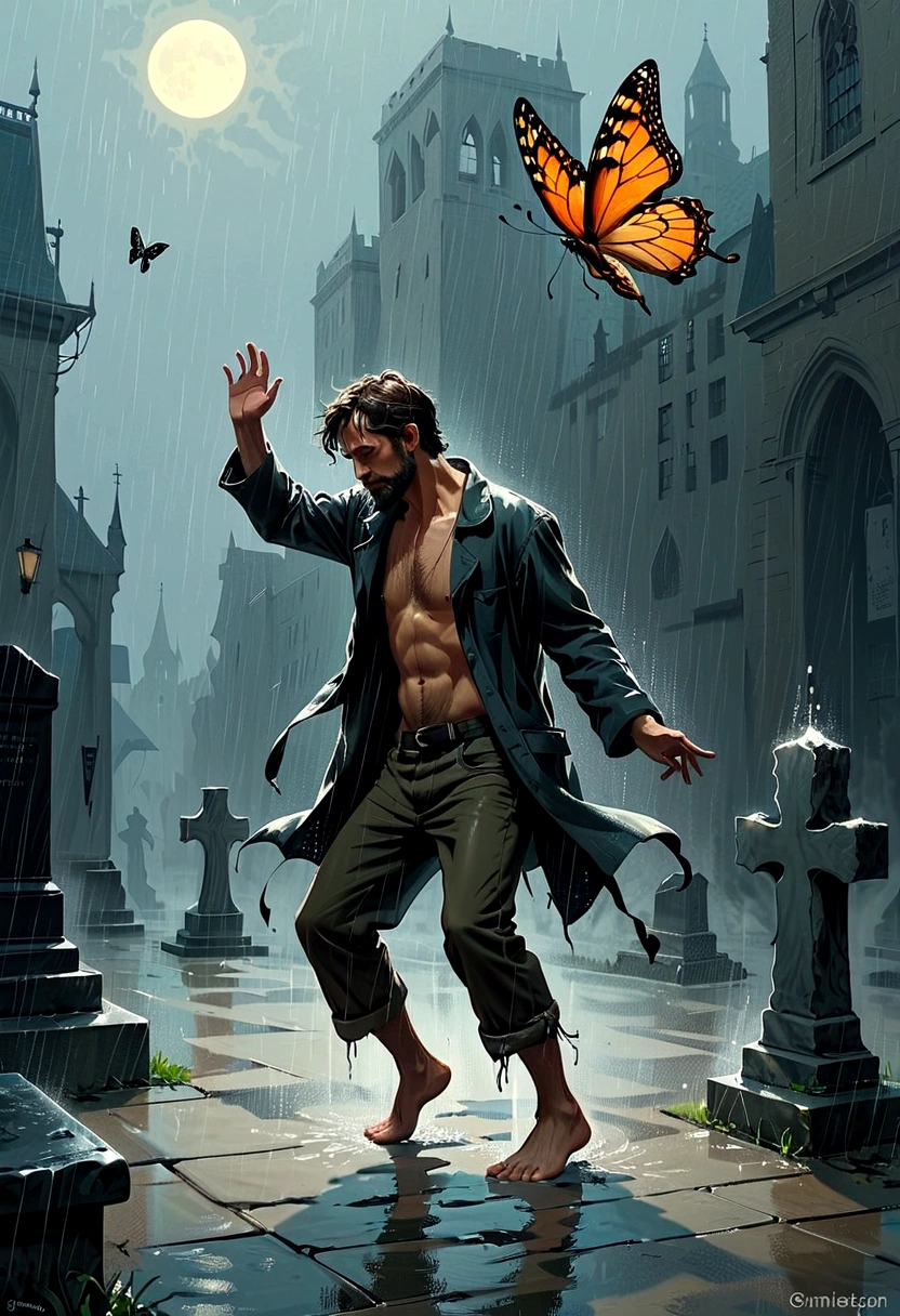 Gothic Art：A homeless man dancing alone in the rain， souls，Standing barefoot on a tombstone，Abdominal muscles，Loose and worn clothes，Professional ballet movements，Butterflies chasing fingertips，Very contagious，Splash，Light and Shadow，Minimalism，artistic conception，Clean background