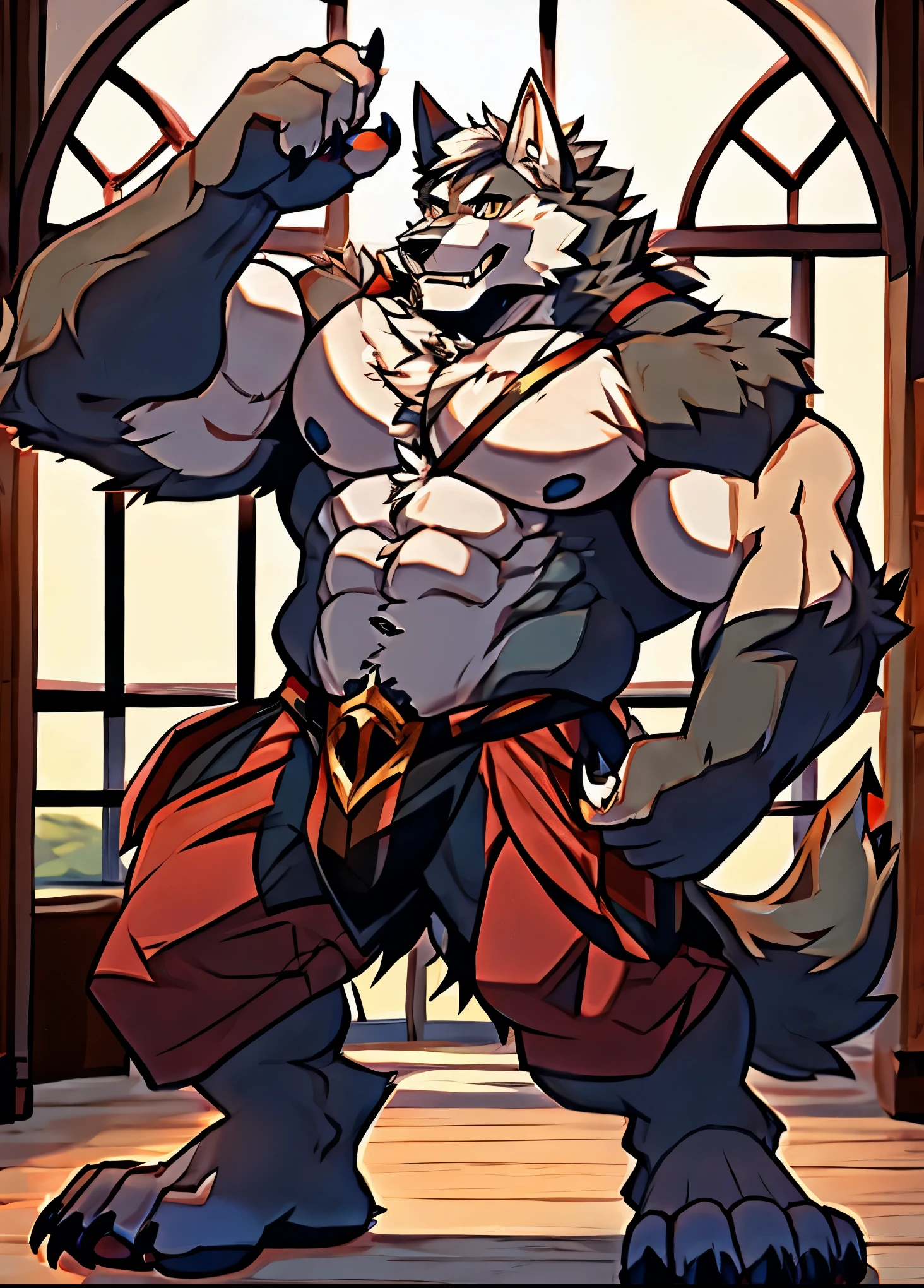 Human-wolf,musculous,Hairy all over,clawed paws,erect through