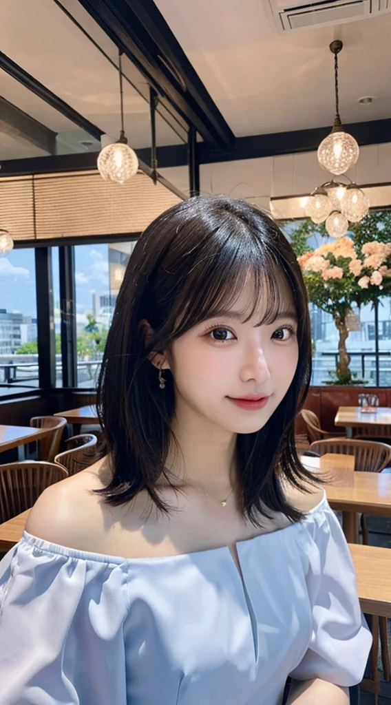 Tabletop, Best quality質, Very detailed, In detail, High resolution, In 8K, Perfect dynamic composition, Beautiful attention to detail, Natural Lip, delicate、Black off-the-shoulder top、Ezvian Everywhere 、plump 、beauty 、Beautiful black hair、Medium Straight Hair、delicateな目、delicateな目元、Best quality、restaurant、blue sky、Recall