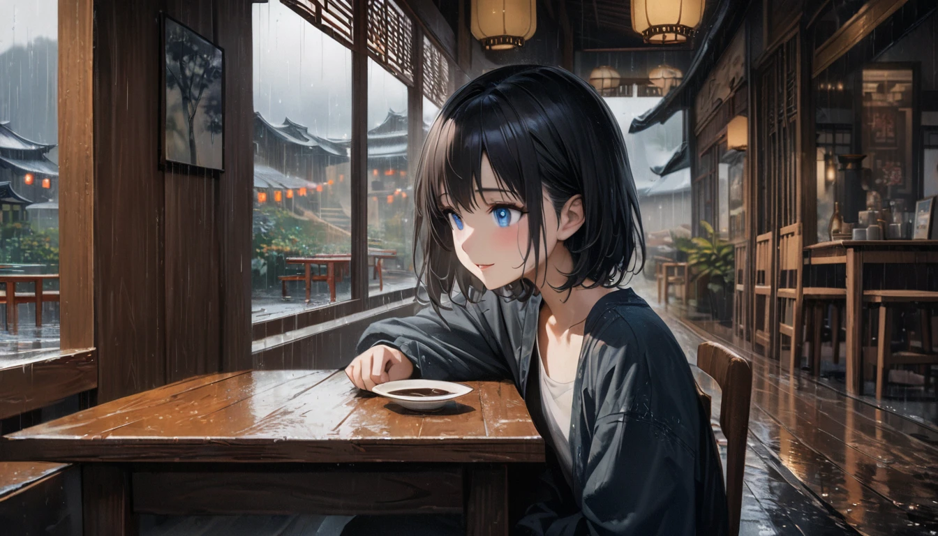 1girl, solo, blue eyes, (detailed eyes), flat chest, short hair, black hair, upper body, gentle smile on her face, sitting up straight((masterpiece, illustration, best quality)), there is a table with a cup of coffee on it, dreamy chinese town, rainy afternoon, rainy day outside, rainy scene, inside on a rainy day, quiet and serene atmosphere, rainy outside, beautiful oil matte painting, raining outside the cafe, hyperrealistic matte painting, 4 k oil painting, raining outside, cozy and peaceful atmosphere, atmospheric fantasy setting, japanese style