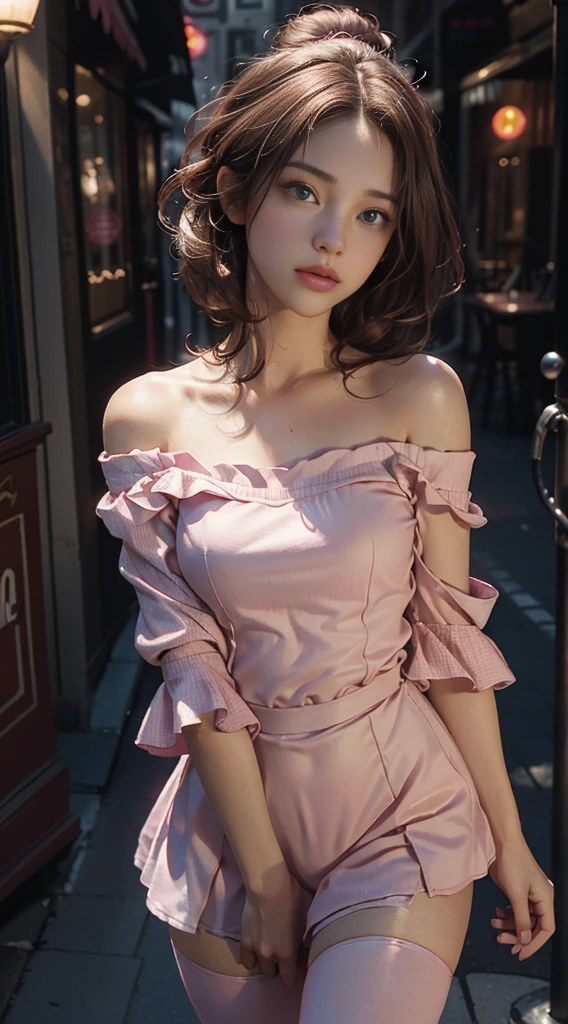 Best Quality, Masterpiece, Ultra High Resolution, (Realisticity: 1.4), Original Photo, 1girl, Pink Off-the-Shoulder, Cinematic Lighting,Girl with cute Friday clothes, small breasts and medium body, light eyes and brown hair, pink tights with cute details, best quality, detailed, best resolution 4k