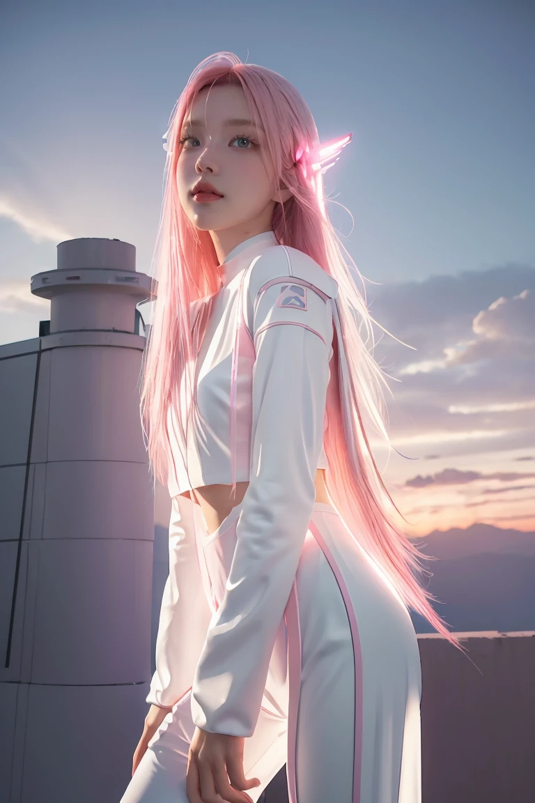 ((masterpiece, best quality, extremely detailed), volumetric lighting, ambient occlusion, colorful, glowing), 
1girl, solo, young girl, (pink hair), long hair, halo, aura, sacred, godness, cyber suit, (white outfit:1.3), android, bot, angel wings,
outdoors, sunset, sky, clouds, space, (cyberpunk theme:1.2),