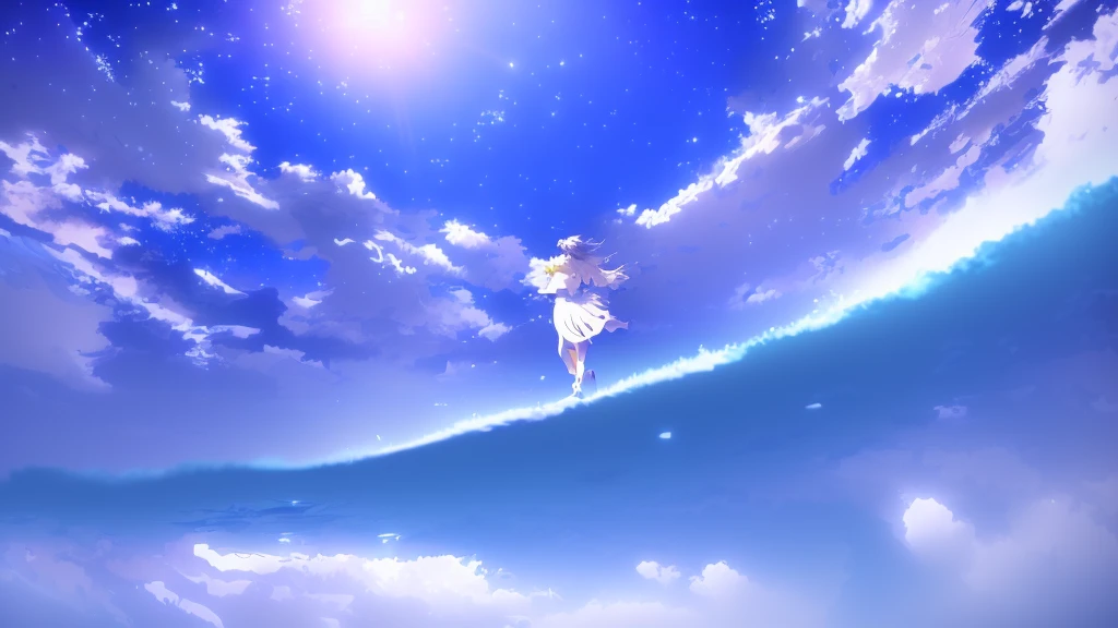 anime, A girl in a white dress floats in the water, Makoto Shinkai Cyril Rolland, anime girl walking on water, anime movie background, beautiful anime scene, today's featured anime still, anime film still, screenshot from the anime film, anime still film anime shikishi, star(null) starry_null